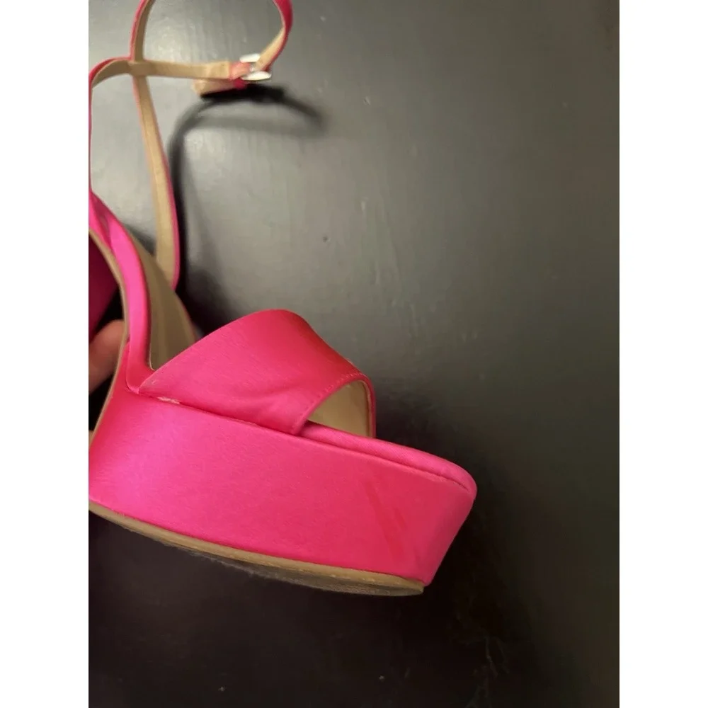Steve Madden Lessa Satin Hot Pink Fabric Platform Ankle Strap Block Heel Sz 8.5M